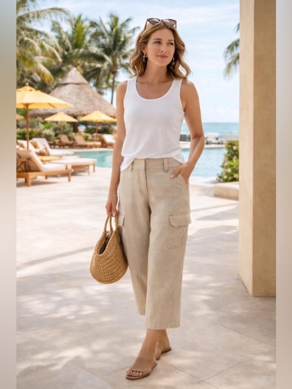 Chico's Natural Tan Linen Blend Casual Cargo Elastic Waist Crop Pants SZ 3 (16)